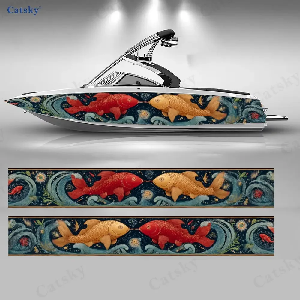 Black Background Gilded Koi Boat Sticker, PVC Waterproof Durable Vinyl Wrap Decals for Fishing Boats, Durable and Stylish Design