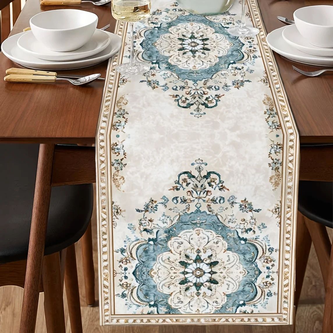 1pc Vintage Persian Style Table Runner Boho Floral Print Table Decor for Dining Kitchen Party