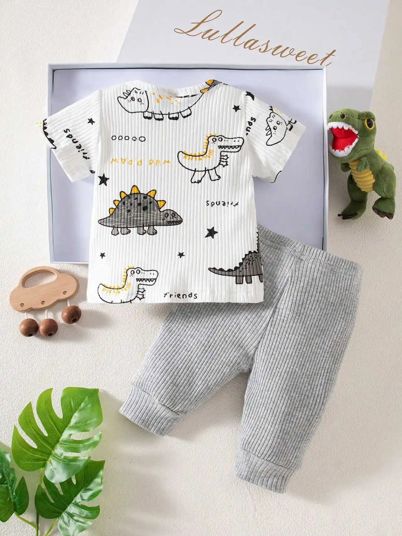 Zweiteiliges Set für Neugeborene, weißes, langärmliges Hemd mit Cartoon-Dinosauriermuster und grüner Hose, lässig, modisch – Detail 3