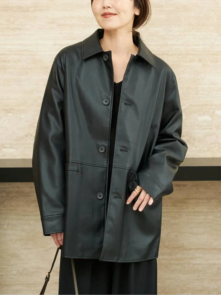 

Spring 2026 Casual PU Leather Jacket Motorcycle Style New Arrival Versatile Ladies' Coat Long Sleeve Flip Collar Medium Length