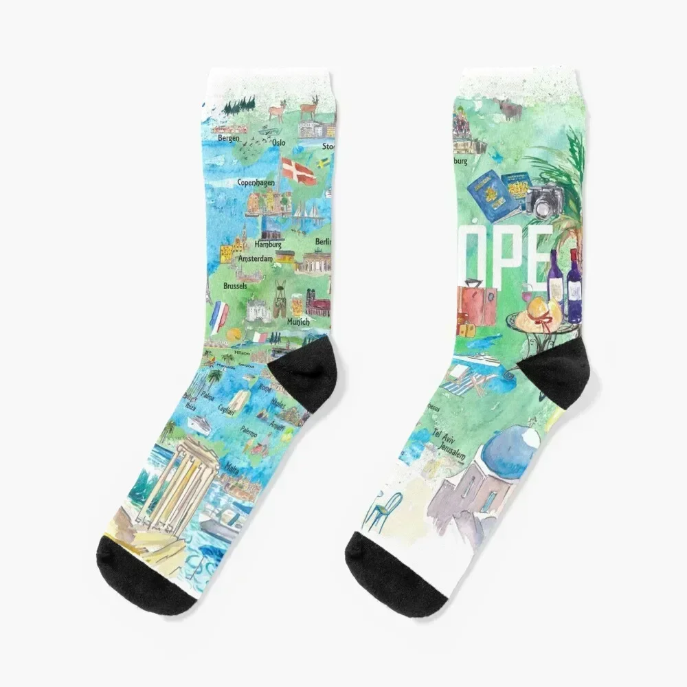 

Europe Illustrated Travel Map with Tourist Highlights and Attractions Socks halloween Run gym Socks For Man Women's