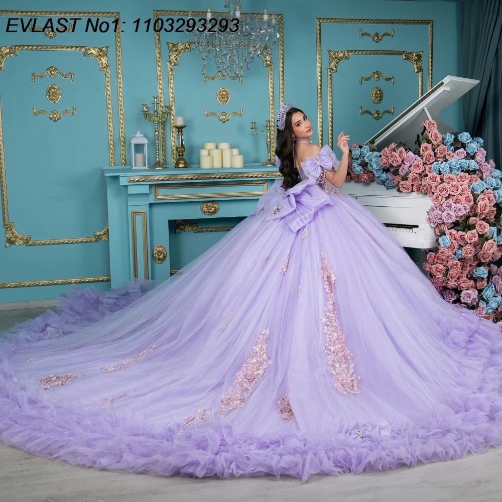 EVLAST Customized Shiny Green Quinceanera Dress Ball Gown Floral Applique Beading Ruffles Sweet 16 Vestidos De 15 Anos E1QN698