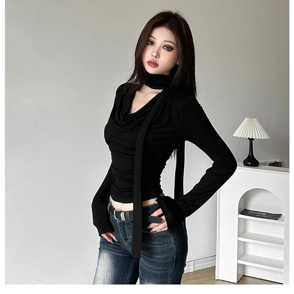 SylCue تي شيرتات عصرية غير رسمية للنساء مكشكشة بسيطة على شكل حرف v وأكمام طويلة نحيفة قابلة للتمدد قطع علوية أساسية بسيطة ملابس الشارع الشهير #5