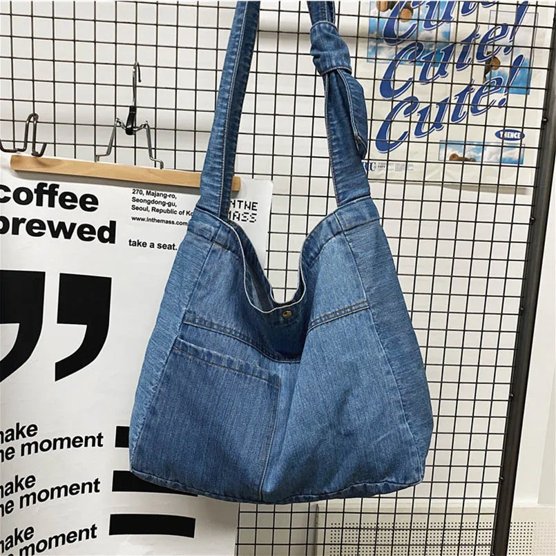 

Denim Unisex Campus Big Capacity Multiple Pockets Messenger Crossbody Bag Handbag Letter Shoulder Shopper Laptop Lady Jean Purse