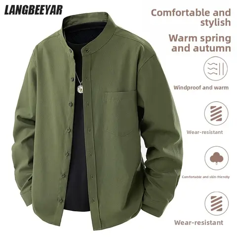 Top Grade Henley Neck Shacket Breathable Shirt New Fashion Loose Long Sleeve Stand Collar Streetwear Trending Casual Spring