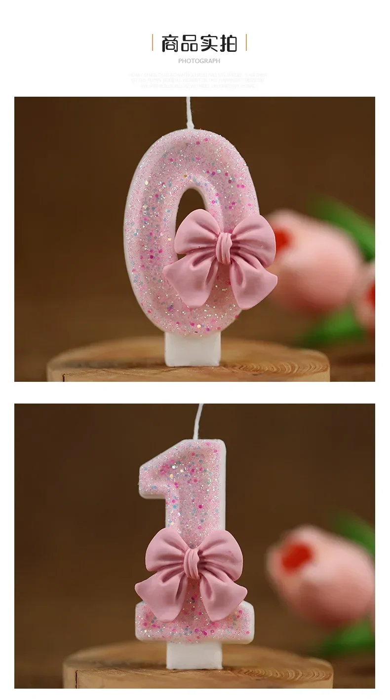 Cute Pink Bow 3D Number Cake Candles for Birthday Party Decorations Birthday Decoration Cake Decorating Tools