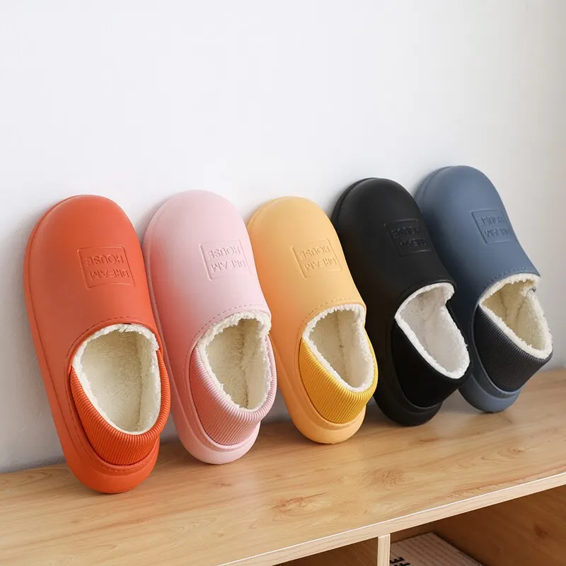 Winter Women Fur Slippers Waterproof Warm Plush Household Slides Indoor Home Thick Sole Footwear Non-Slip Solid Couple Sandals