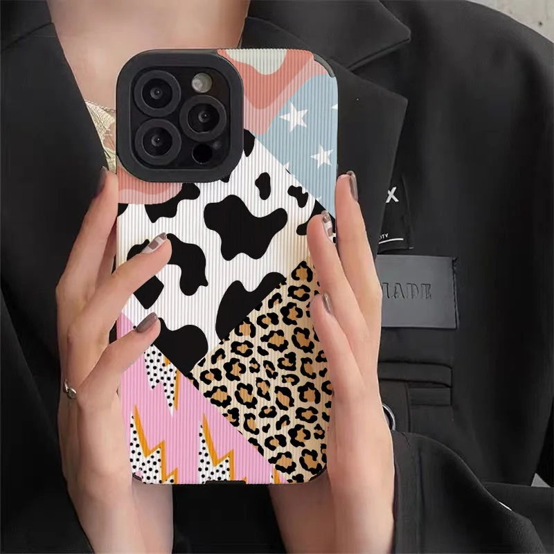 Funda de cuero de silicona para iPhone, carcasa suave a prueba de golpes, leopardo, vaca, creativo, 16, 15, 14, 13 Pro Max, 11, 12 Mini, SE, 7, 8