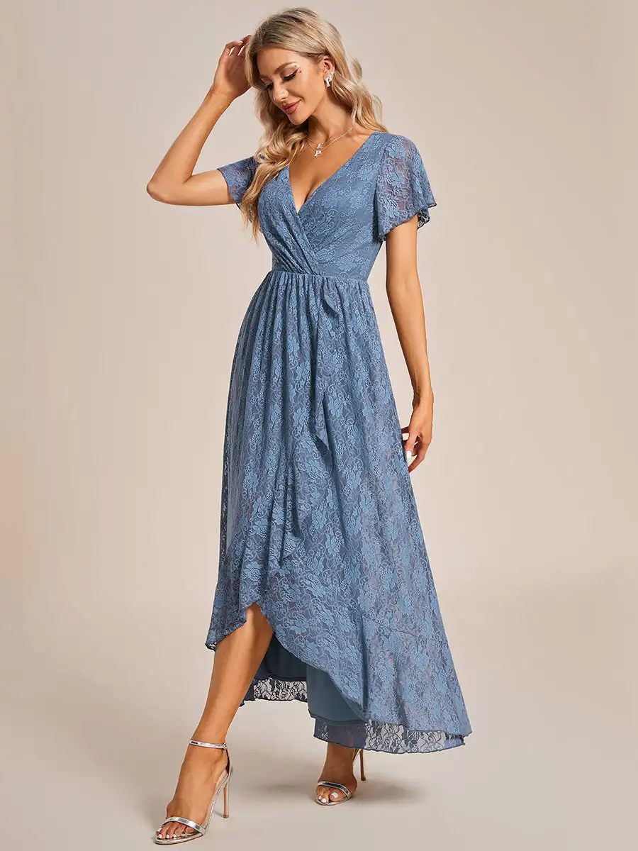 Gorgeous Evening Dresses  Deep V Neck Short See Through Sleeves Through  2024 Ever pretty of  A-Line Dusty NavyBridesmaid dress