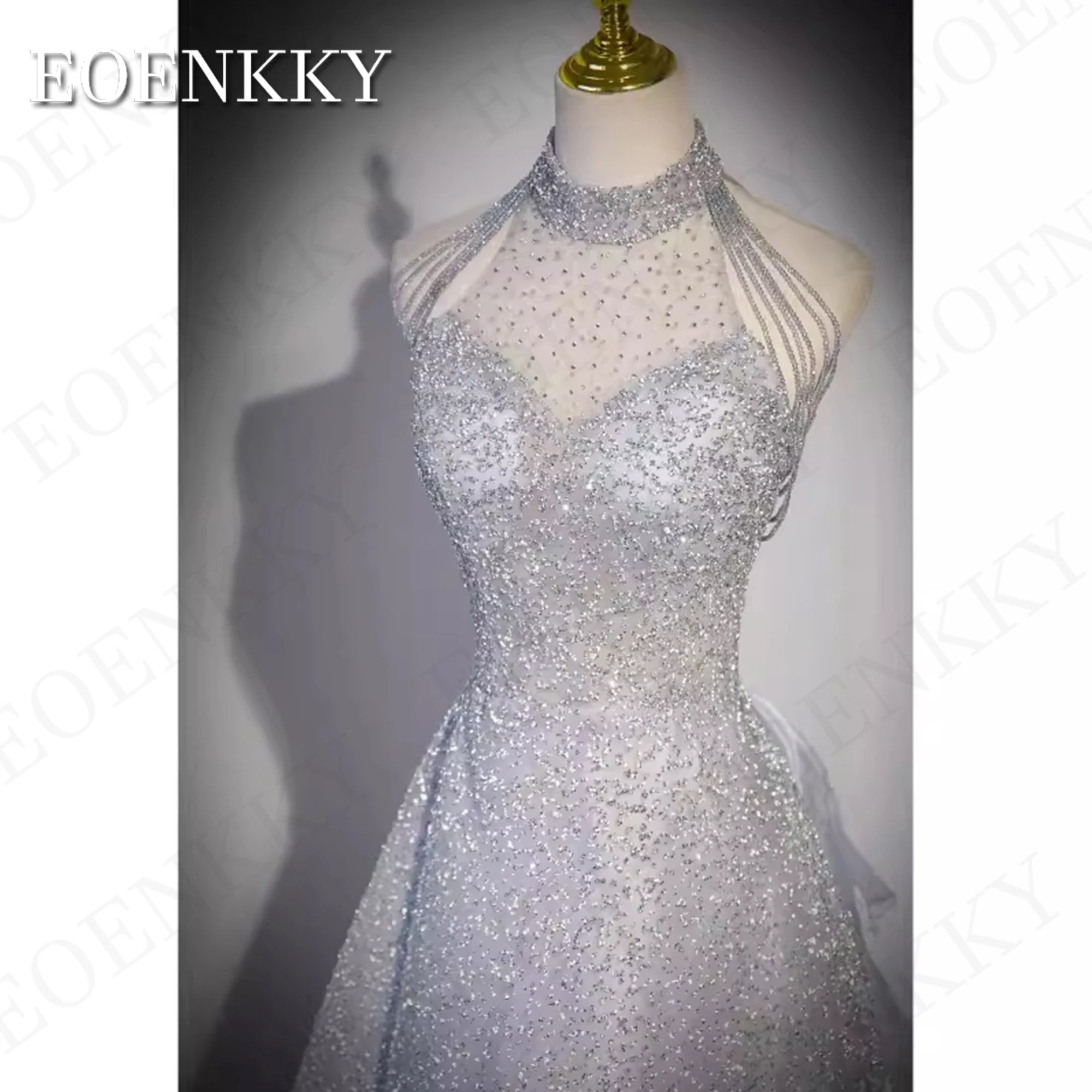 Vestido de lujo con cuello Halter para mujer, traje brillante de tul con purpurina para fiesta de celebridades, tren desmontable Sparkly Lujo Halter Vestido de Fiesta  Hada una línea de tul brillo vestidos de fiesta de