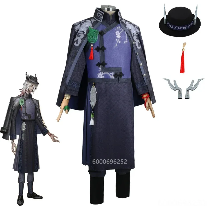 Identidade V Sr. Fã cosplay traje com peruca fã wujiu qilin comerciante wu chang uniforme qilin do leste relógio para o dia das bruxas