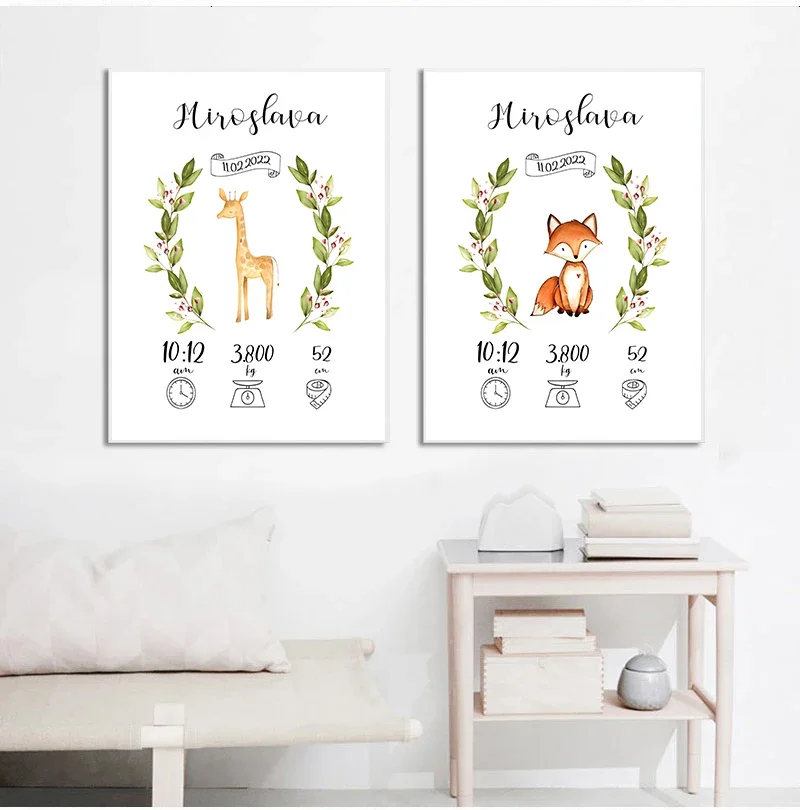 Personalized Custom Baby Birth Name Poster Baby Shower Gifts Cartoon Animal Wall Art Canvas Painting New-born Kids Room Decor