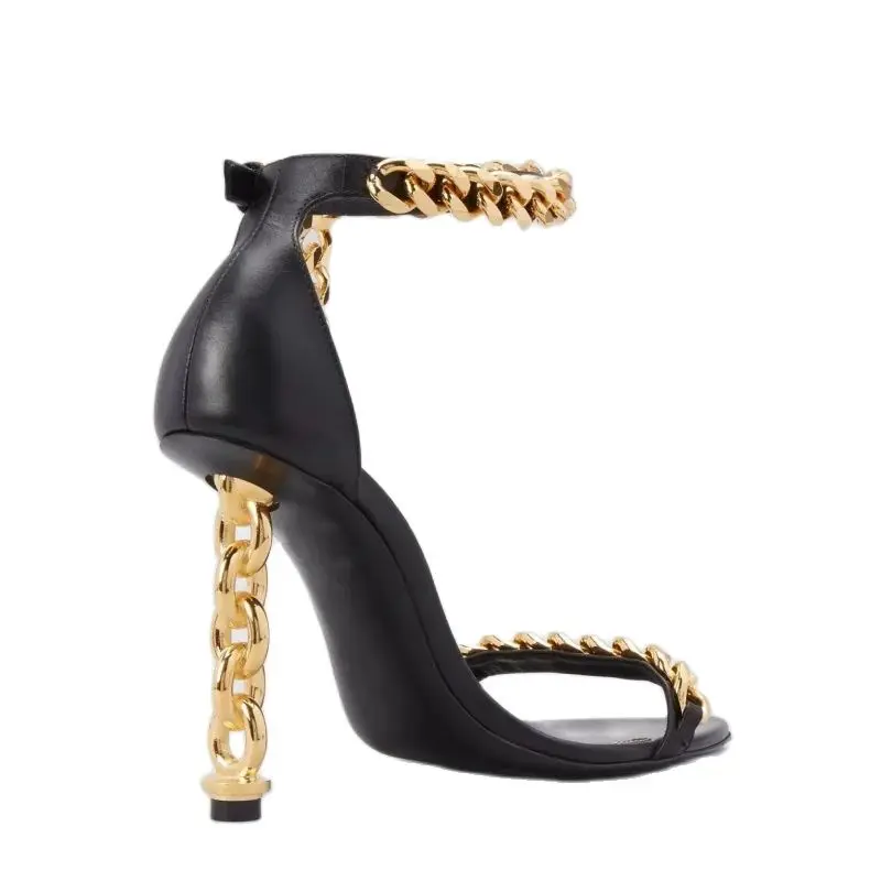 New Sexy Pointed Metal Decoration/Belt Buckle/Shaped High Heel Sandals Metal Chain Fashion Hollow Heel Sandals Nightclub