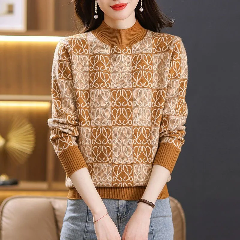New Autumn/Winter Fashion Trend Colorblock Printing Half High Neck Loose Versatile Western Commuter Long Sleeve Women\'s Sweater