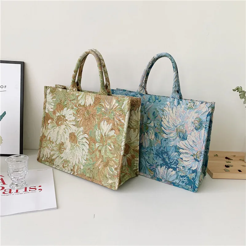 Mode Frauen Schulter Tragetaschen Vintage Floral Platz Handtaschen Große-Kapazität Einkaufstaschen Weibliche Marke Designer Leinwand Bolsos