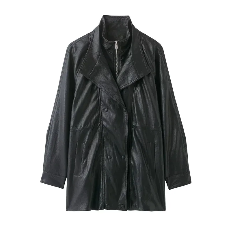 Winter New Women's Fashion Retro Old Money Style Stand Collar Long Sleeve PU Leather Jacket Mid-Length Coat
