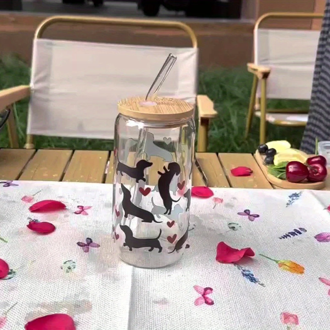 13.5 أوقية/18.6 أوقية نظارات القهوة السجق الكلب على شكل قلب كوب زجاجي مطبوع مع غطاء من الخيزران القش لهدايا عيد الميلاد هدايا عيد الميلاد