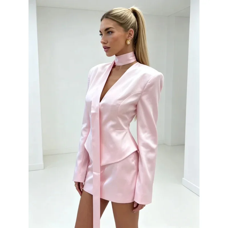 

Chic Street Blazer Skirt Set Women Elegant V-neck Scarf Collar Waist Cinching Jacket Slim Mini Skirt 2 Piece Lady Party Outfits