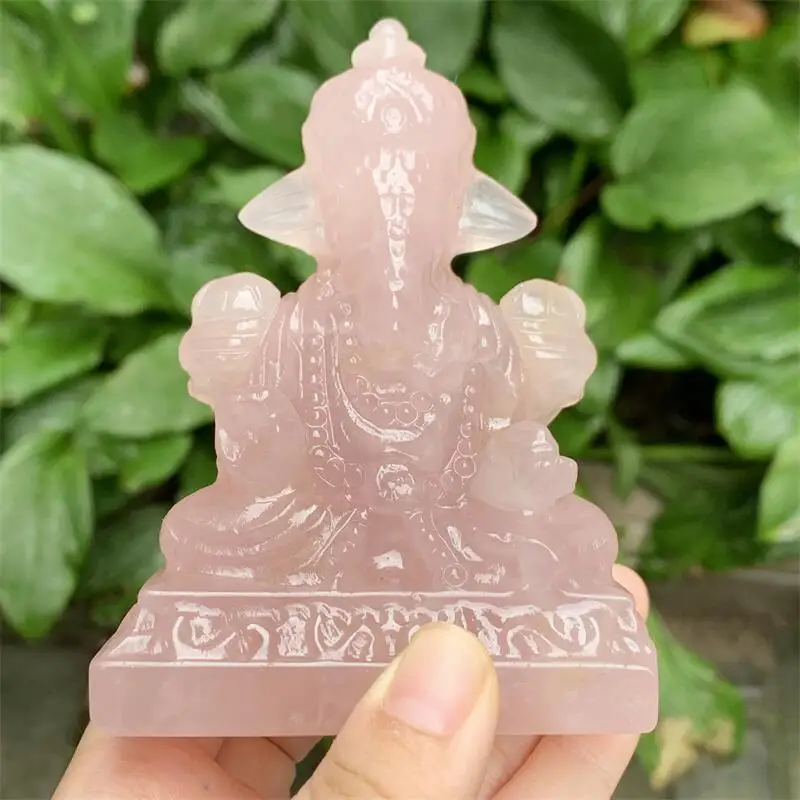 

Natural Rose Quartz Crystal Handmade Crystal Handmade Carved Elephant God Ganesha Statue for Home Decoration Gift 1pcs