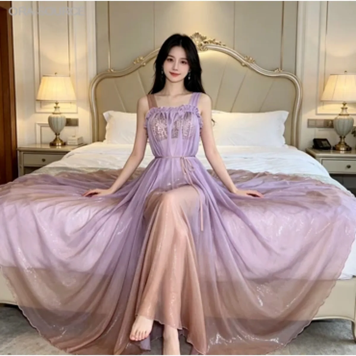Flowy Sheer Sexy Slip Dress Maxi Long Bohemian Gradient Print French Style Princess Party Evening Gown Elegant Luxury Satin