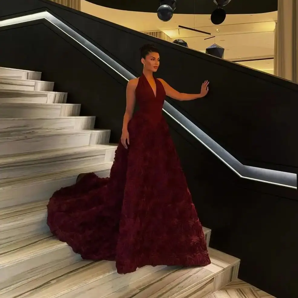 

Customized Burgundy 3D Flower Appliques Halter Neck Evening Dress with Train A-Line Sleeveless Prom Gown Formal Party Dress New