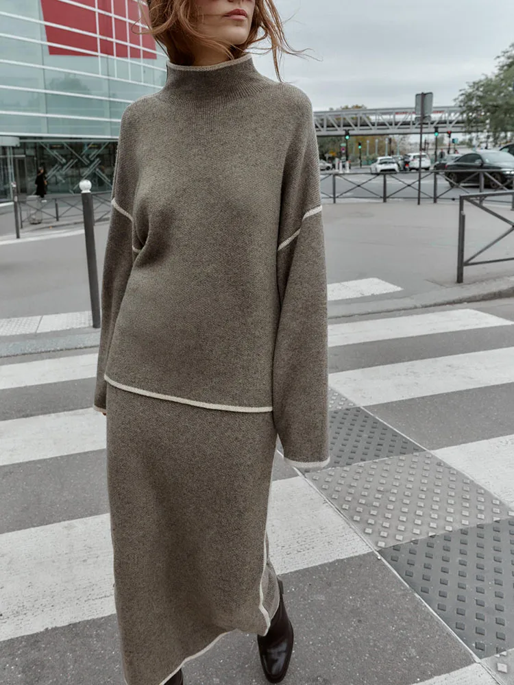 

Sweet Knitted Sweater Midi Skirt Set 2025 Autumn New Arrival Women's Faion Ele Sle High Collar Long Sve Midi Skirt