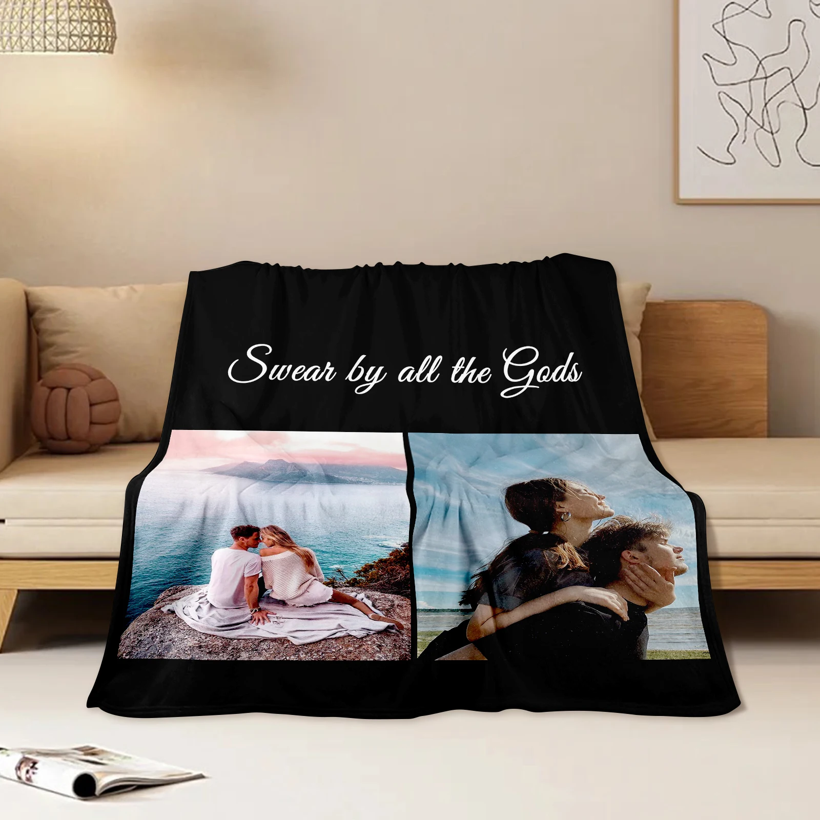 Custom Blanket with Romantic Love Photo Text Blue Sea Wide Sky Couple Romantic Look at Each Other Valentine's Day Gift