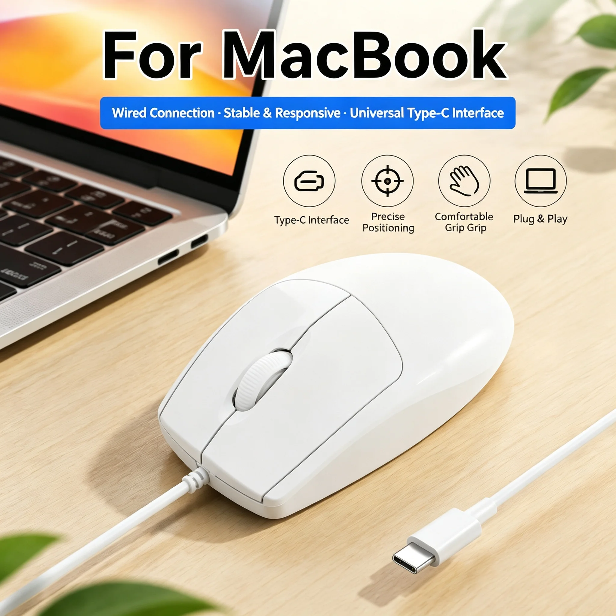 Type-C Interface Wired Mouse Cross‑system Compatible Works with computers, tablets For Small Hand Office Use Mause