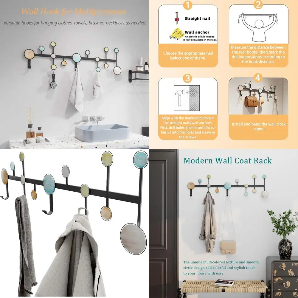 

Современная металлическая настенная вешалка для одежды с 5 крючками, черная матовая отделка и декор в виде ракушек, усиленная конструкция, включает монтажный комплект.