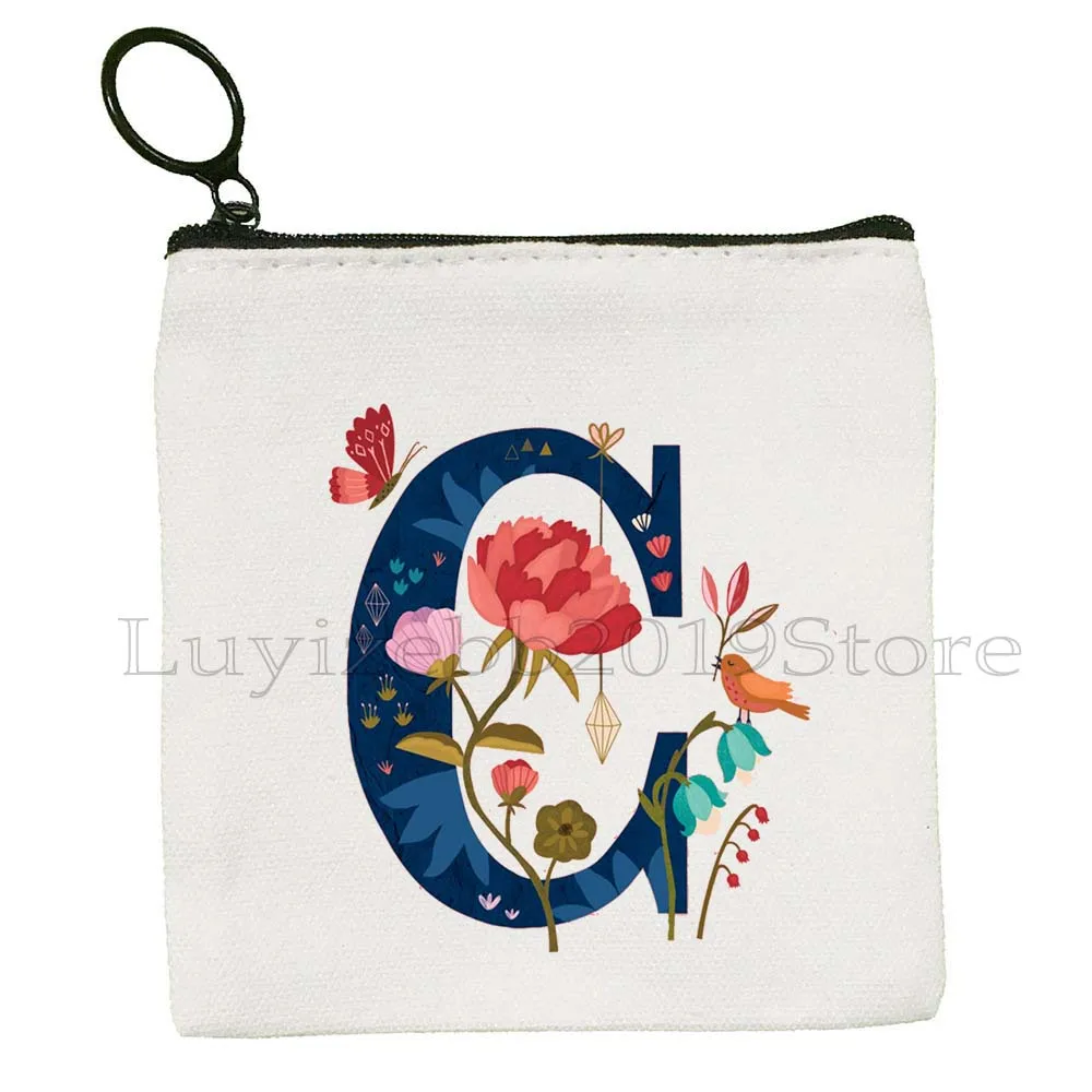 귀여운 꽃 편지 A Z 수채화 꽃 초기 편지 인쇄 생일 선물 캔버스 동전 지갑 키 케이스 가방 지갑 지퍼 주머니