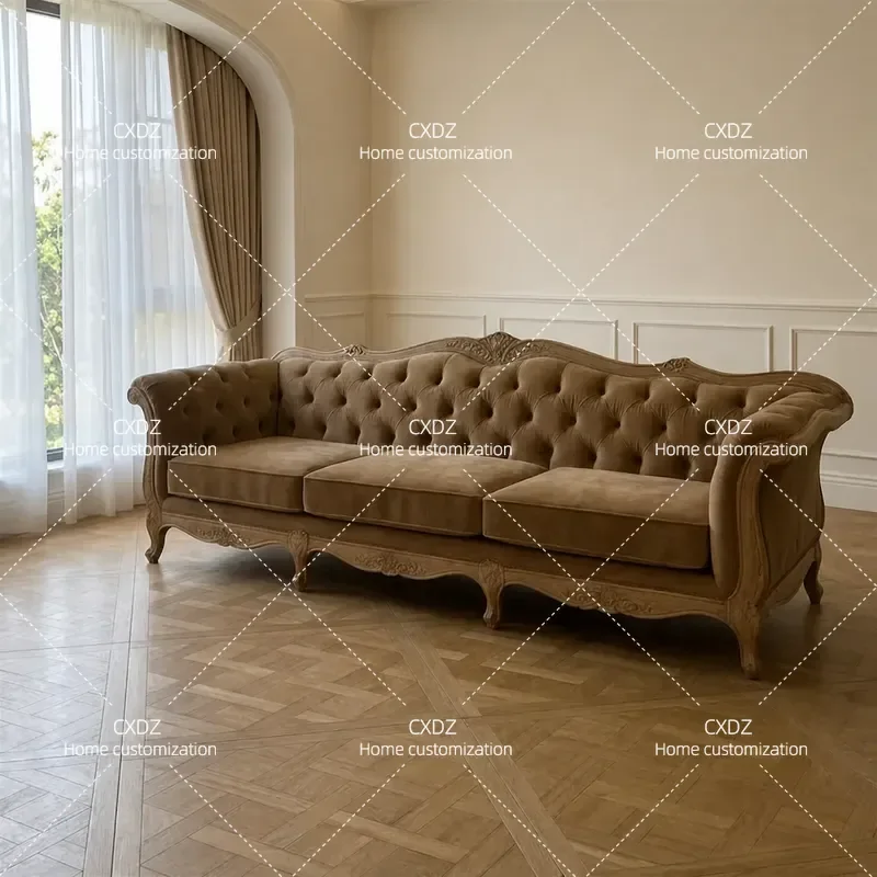 Country Style Carved Solid Wood Sofa Double Triple Seater Villa Pull Up Couch Living Room Furniture