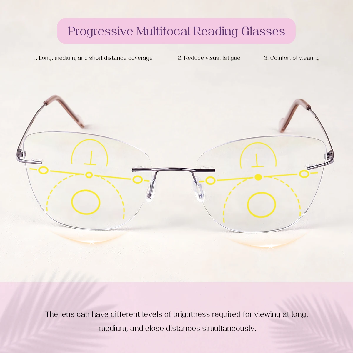 Progressive Multifokal-Lesebrille, Stilvolles Rahmenloses Cat-Eye-Design, Leicht zu Tragen, Klare Sicht. – Detail 3