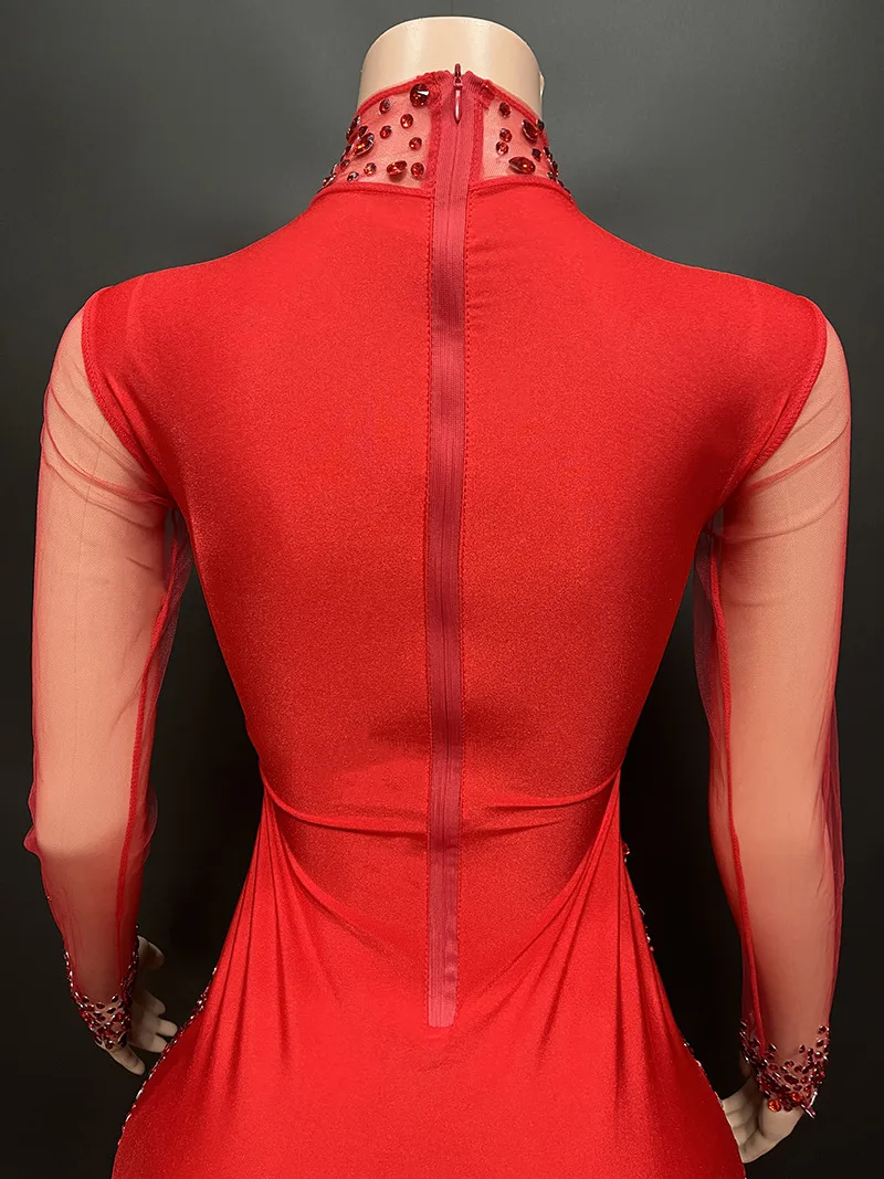 Evening Dress Temperament High-end Light Luxury Pendant Rose Skirt Chest Full Diamond Mesh Yarn Hollow Slim-fitting Sexy Dress