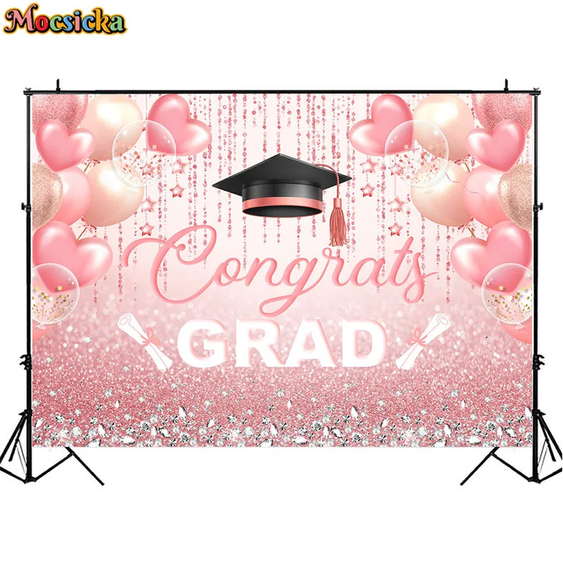 Congrats Grad Backdrop Rose Gold Congratulation Graduation Party Class Of 2024 Pink Balloon Background Prom Event Photobooth