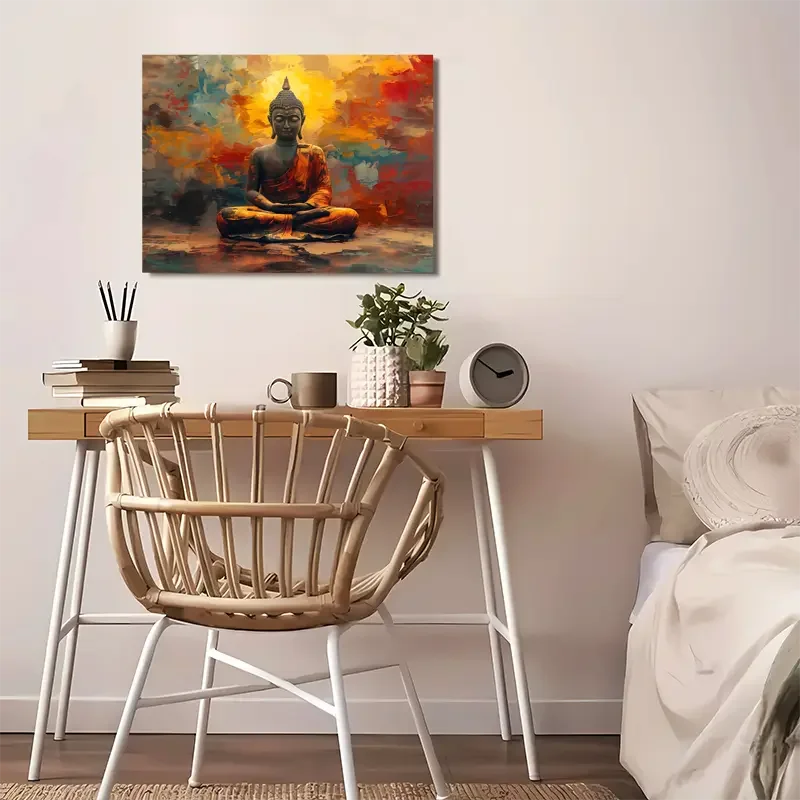 لوحة قماشية تجريدية للتأمل من Zen - لوحة فنية جدارية روحية باللون البرتقالي والأزرق المخضر مع إطار ملفوف، 12 × 16 بوصة #4