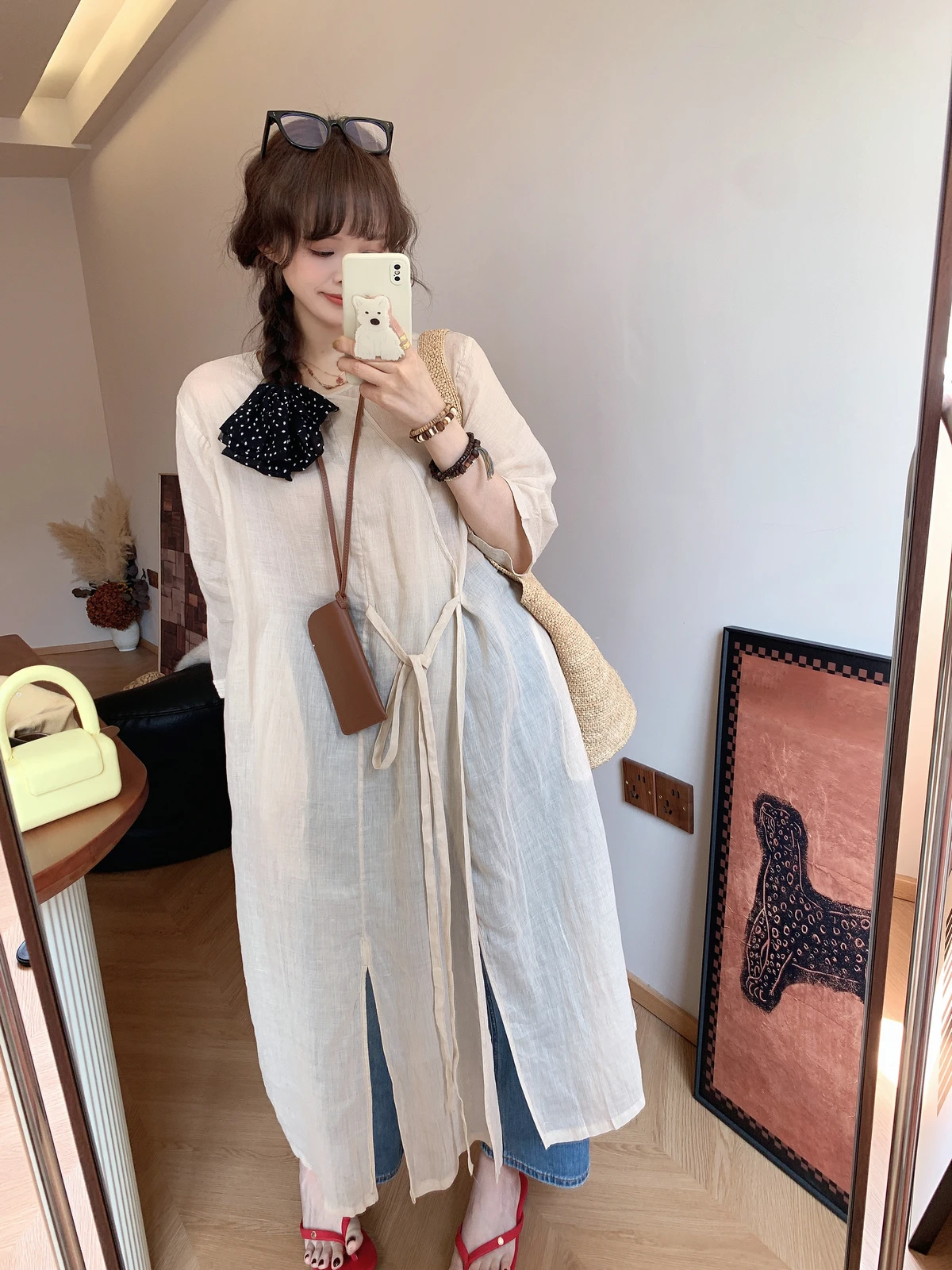 

Artistic Flax Long Sve round Ne Dr with Sa Spring Summer New Sle Women's Loose Fit Straight Cut Cold Tone irt