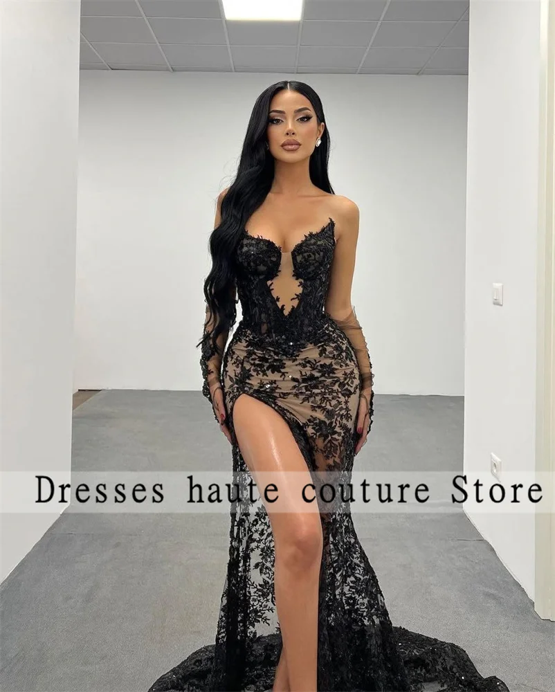 Black Mermaid Prom Gowns Women Sexy Beaded Strapless 2025 With Gloves Party Dress Evening Celebrate Birthday Elegant Customized