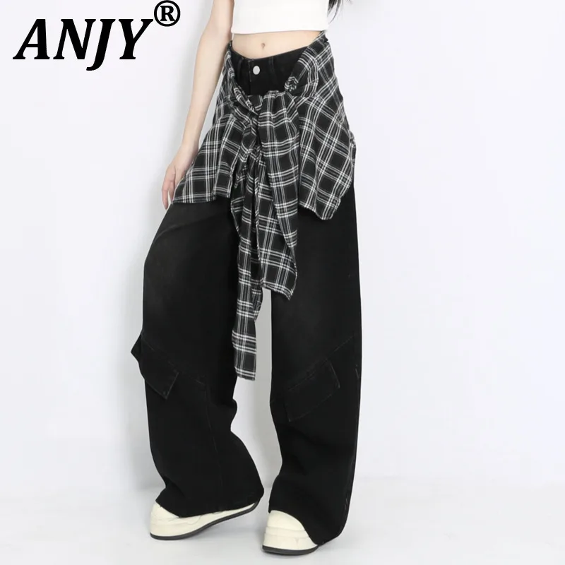 

ANJY Autumn New Women American Retro Distressed Detachable Plaid Denim Pants Casual Ins Streetwear Slimming Wide Leg Jeans A8418