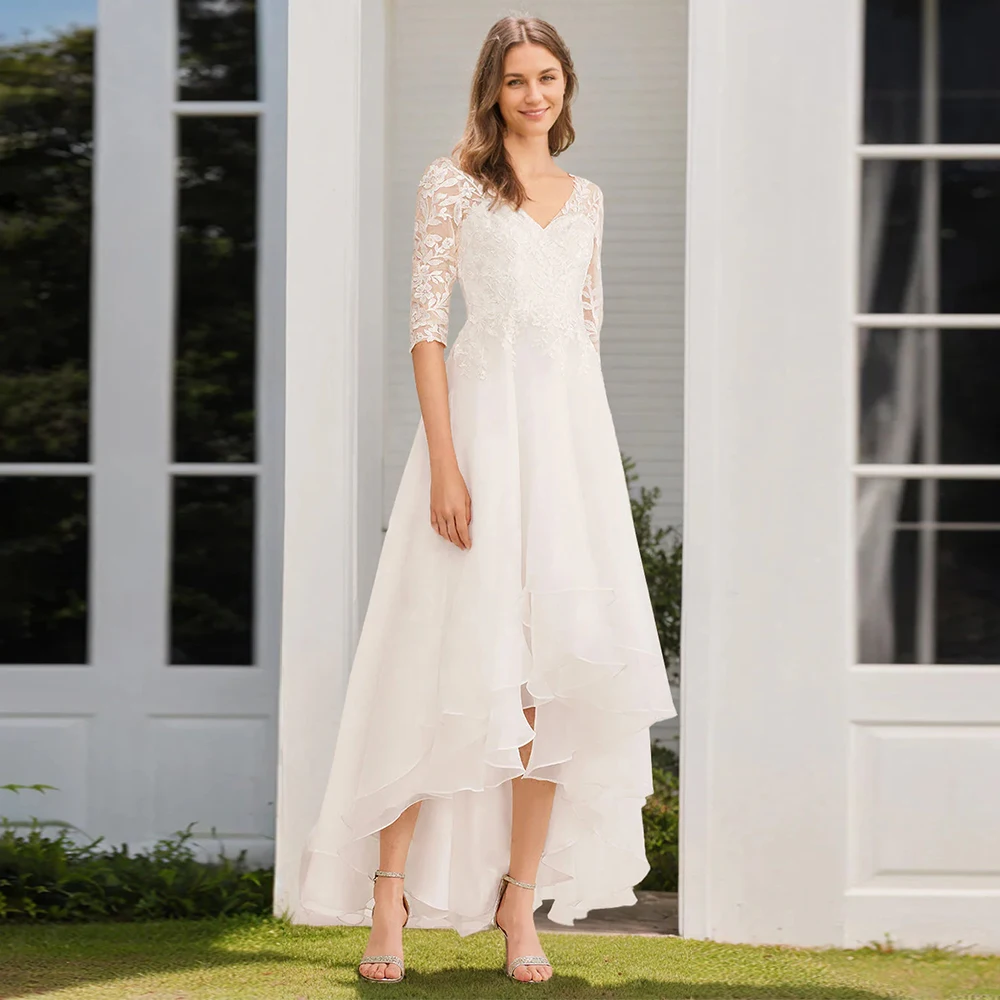 

Платья для матери невесты 2025 г., свадебное платье трапециевидной формы из органзы цвета слоновой кости с v-образным вырезом, кружевное многоуровневое свадебное платье с оборками Hi-Lo