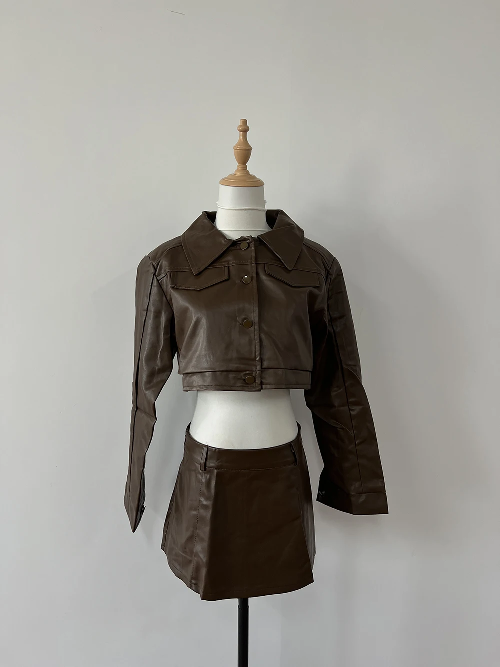 Retro Polo Collar Leather Coat Skirt Two Piece Set Women Cool Temperament Solid Single Breasted Fashion Short Slim Spring Suit