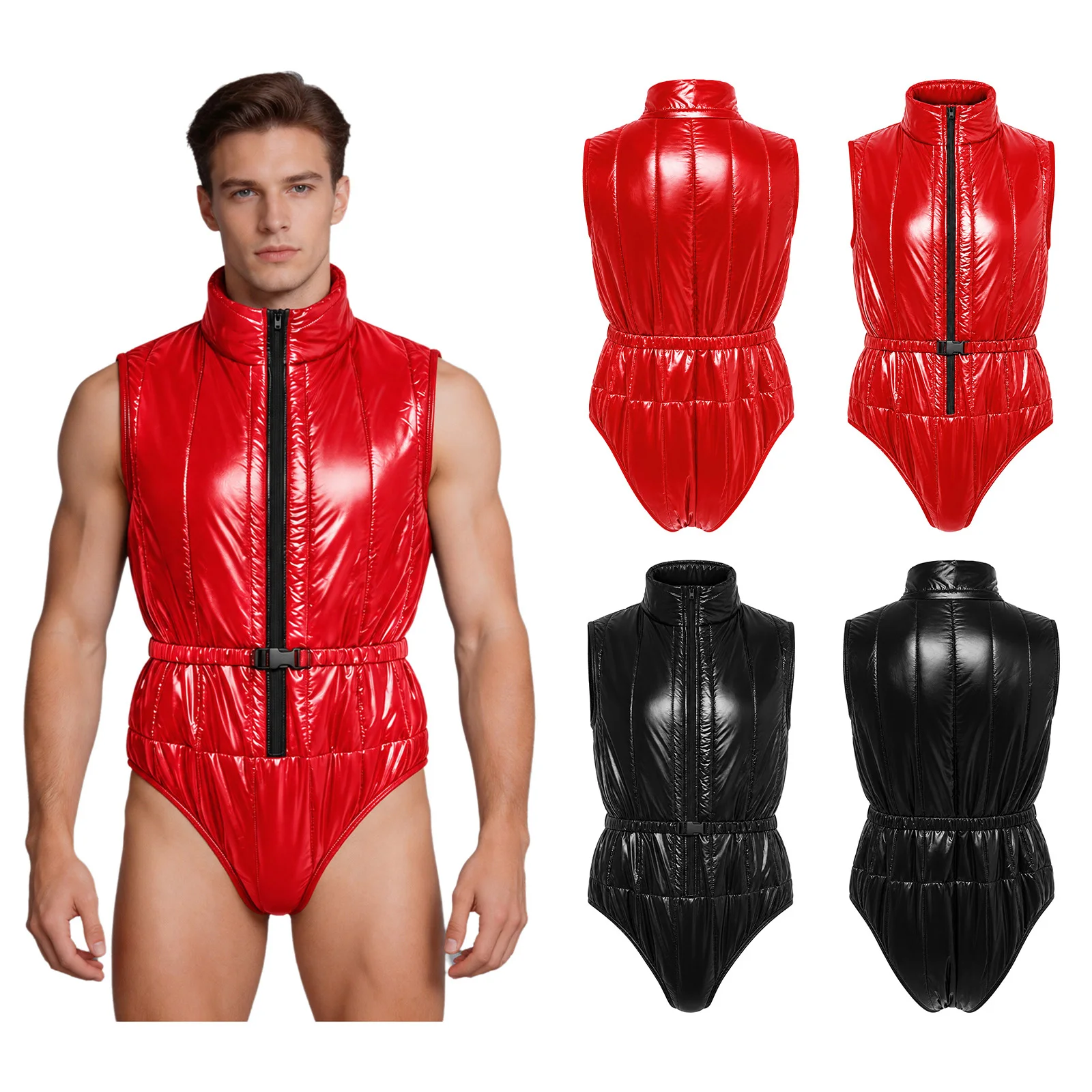 Men Lingerie One Piece Water Resistant Padded Bodysuit Zipper Front Stand Collar Incontinence Needs Leotard with Elastic Belt