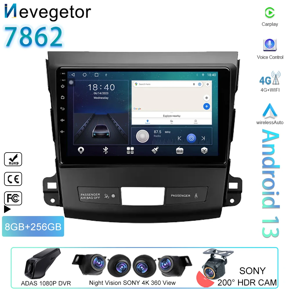 Android 13 samochodowe Multimedia Radio odtwarzacz dla Mitsubishi Outlander 2 dla Citroen C-Crosser dla Peugeot 4007 nawigacja nr 2din DVD