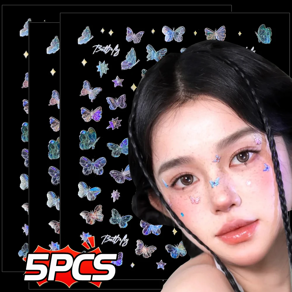 5PCS Fairy Butterfly Shiny Tattoo Sticker Waterproof Eyes Face Hand Body Art Fake Tattoos For Women Makeup Dance Music Festival