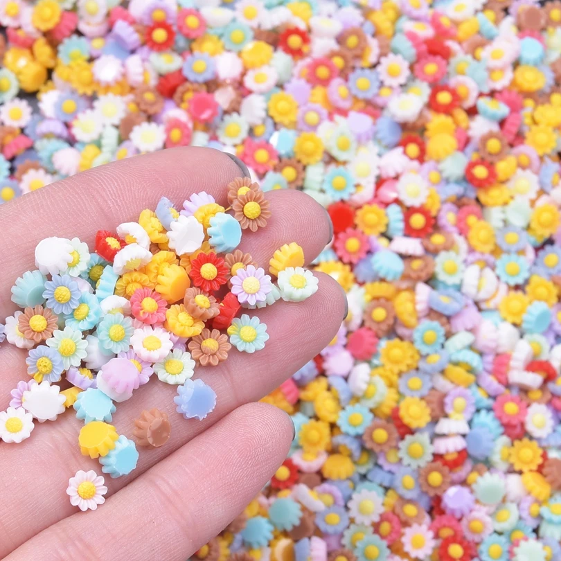 50pcs Resin Colorful 6mm 3D Mini Flower Flatback Stone Scrapbook Applique Figurines DIY Wedding Embellishment Manicure Craft