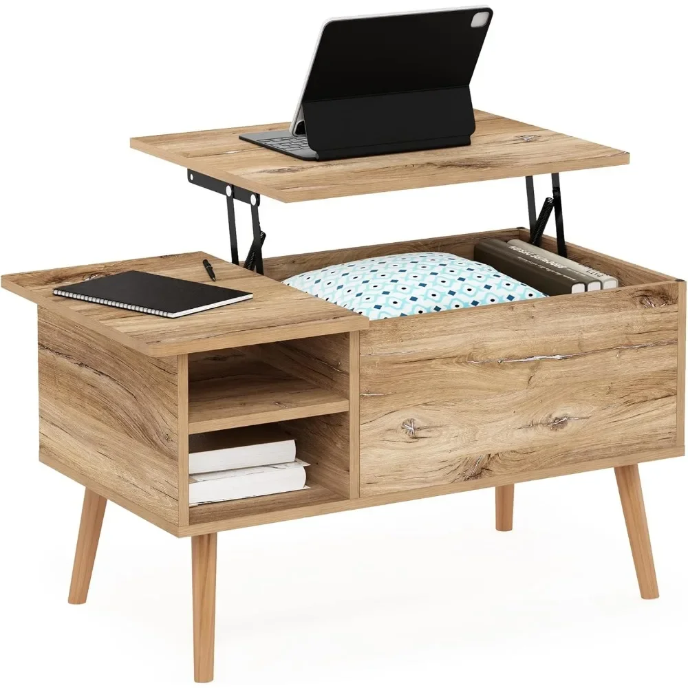 Table basse relevable en bois avec compartiment GNE et étagère de rangement latérale ouverte pour salon, chêne Flagstaff