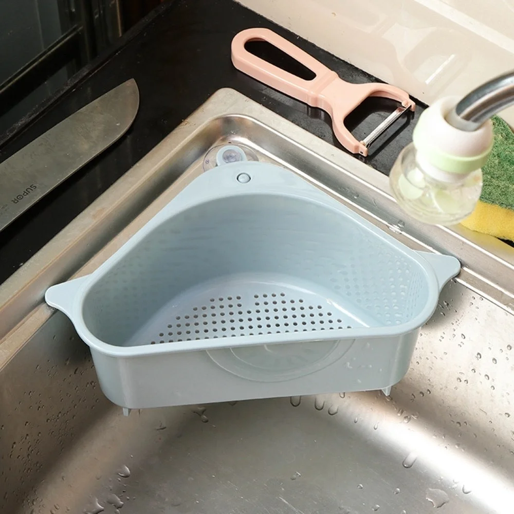 Kitchen Triangular Sink Strainer Drain Fruit Vegetable Drainer Sponge Rack Storage Tool Basket Suction Cup Sink Filter Rack Tool