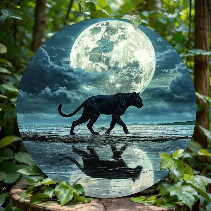 

Round Aluminum Wall Art, 2D Panther and Moon Print, Weather-Resistant Metal Sign for Home, Living Room, Indoor/Outdoor Decor