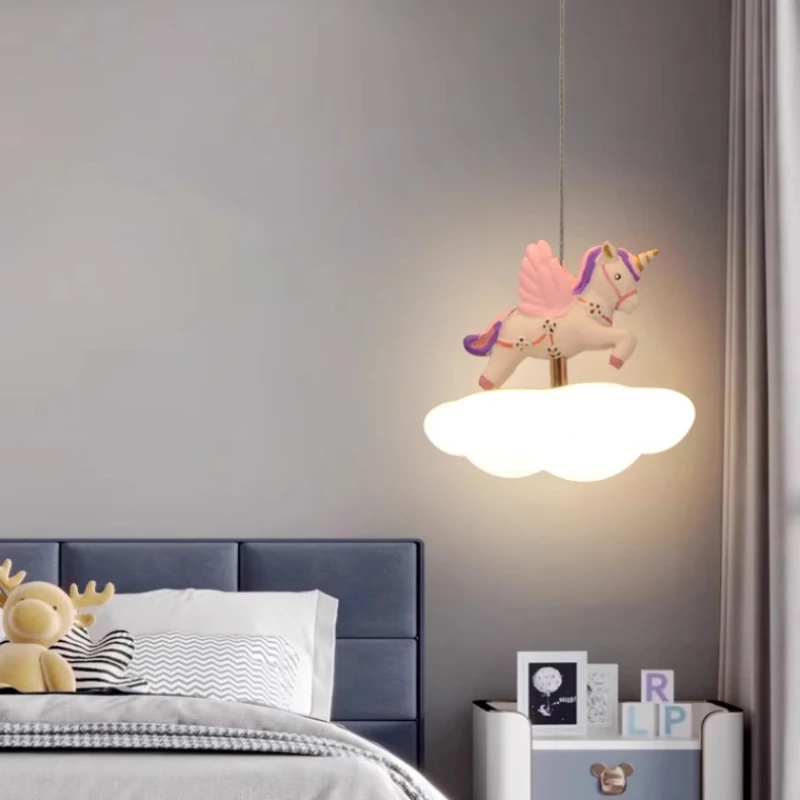 Cute Children\'s Room Colored Pegasus Chandeliers Cloud Lamps LED Warm Romantic Princess Room Girl Bedroom Bedside Chandelier