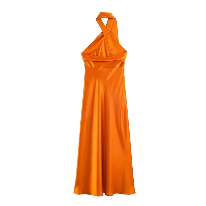2026 Summer Women Halter Neck Midi Dress Satin Texture Tie Back Sleeveless Elegant Flowy Comfortable To Wear Date Outfit view 4