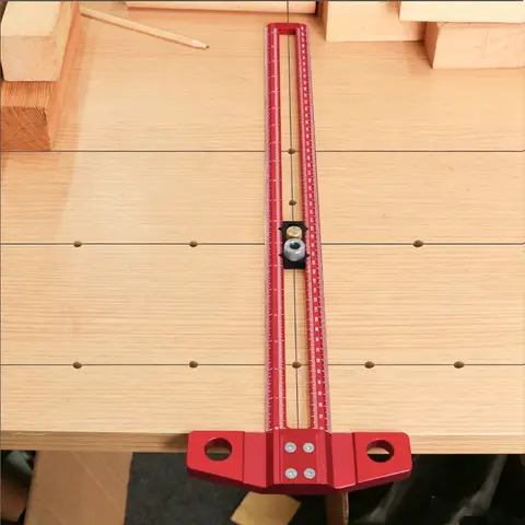 Woodworking T-Square Marking Gauge, Layout Scriber Ruler with Adjustable Stop & Pencil Guide, Dual Scale (Metric/Inch)